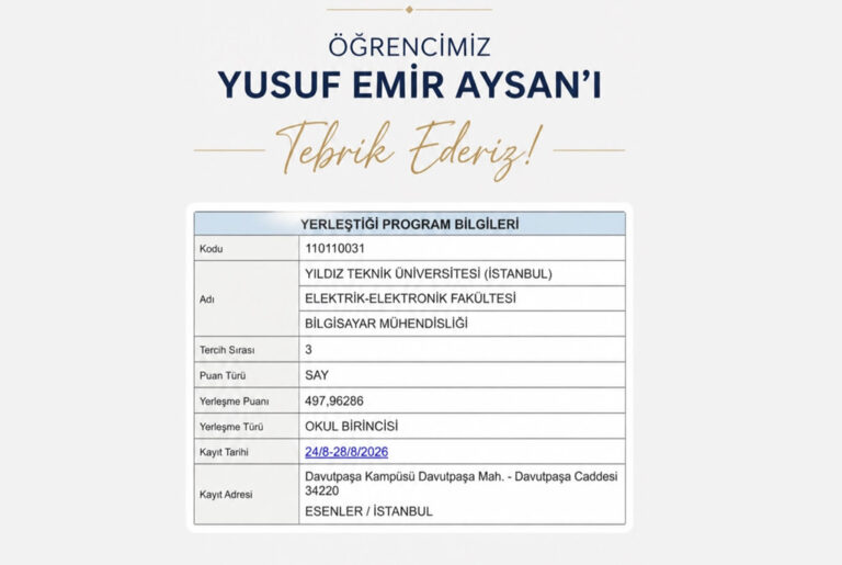 'ÖĞRENCİMİZ YUSUF EMİR AYSAN'ı Tebrik Ederiz!' ve bir program bilgileri tablosu, öğrencinin yerleştiği bölüm ve okul bilgilerini gösterir.
