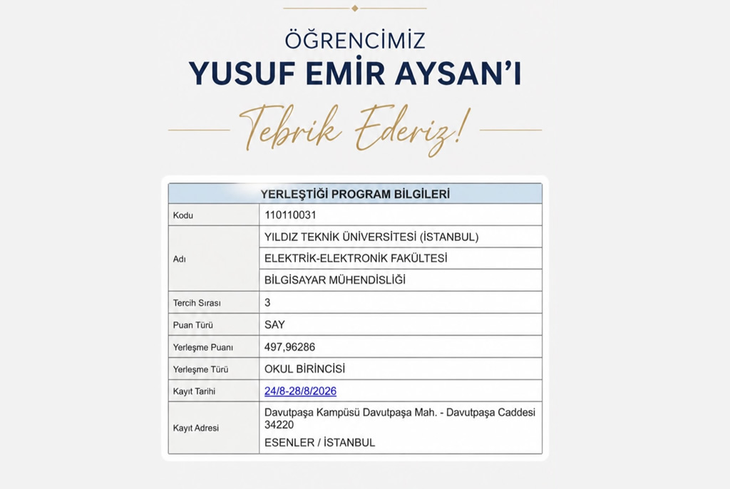 'ÖĞRENCİMİZ YUSUF EMİR AYSAN'ı Tebrik Ederiz!' ve bir program bilgileri tablosu, öğrencinin yerleştiği bölüm ve okul bilgilerini gösterir.